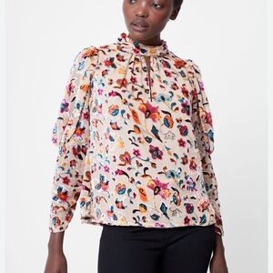 French Connection Mandarin Collar Blouse with Ruffled Puff Sleeves